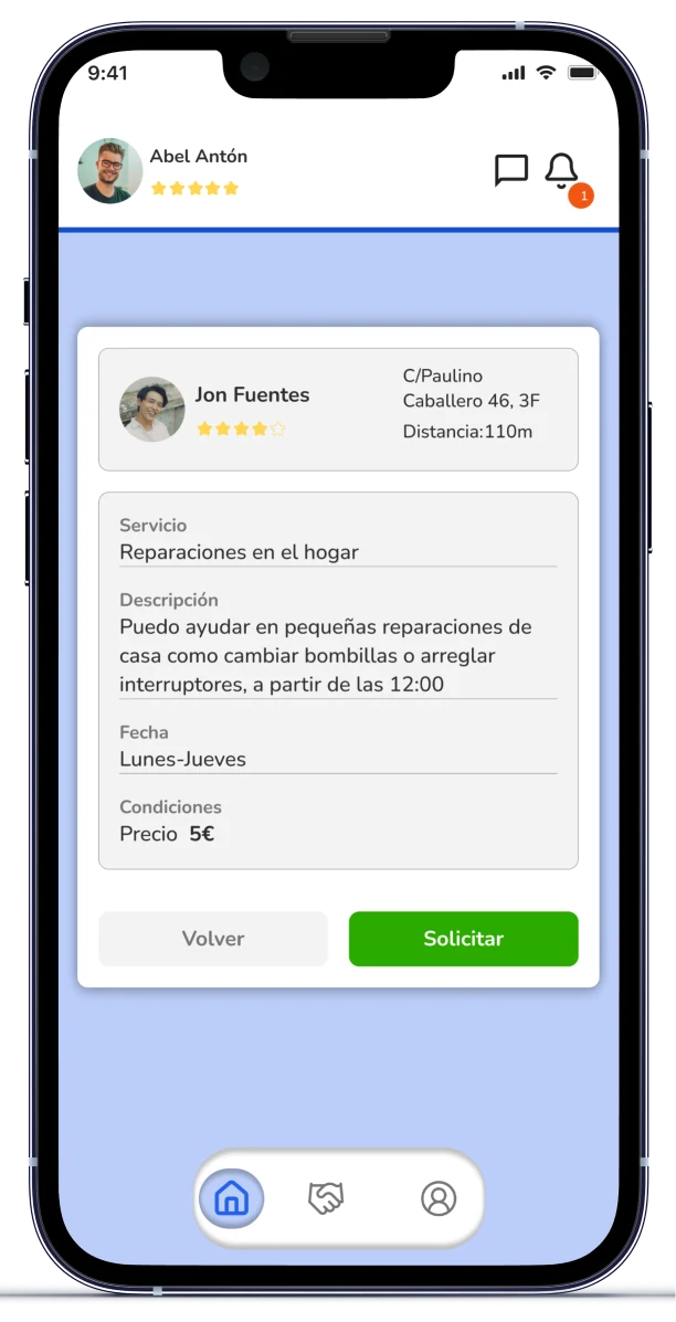 Pantalla de solicitud de un servicio