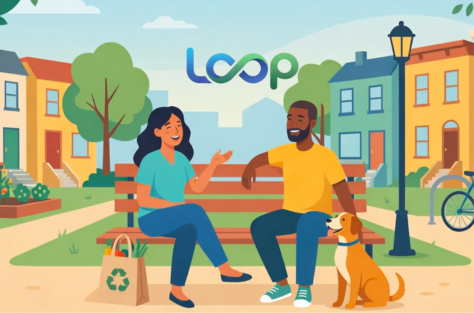 Ilustración de dos vecinos conversando en un banco con el logo de Loop