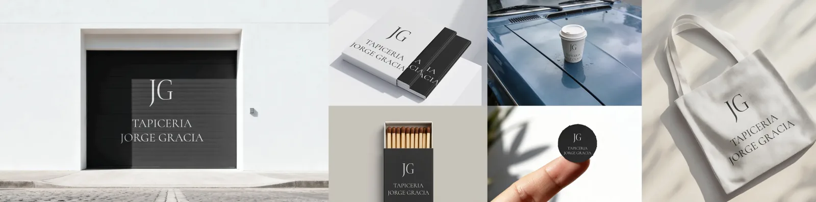 Mockups de la marca: fachada, tarjetas, vaso, cerillas, bolsa y pegatina